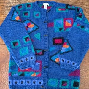 VNTG LL Bean Cardigan Womens M Blue Mohair Wool Geometric Colorblock Sweater